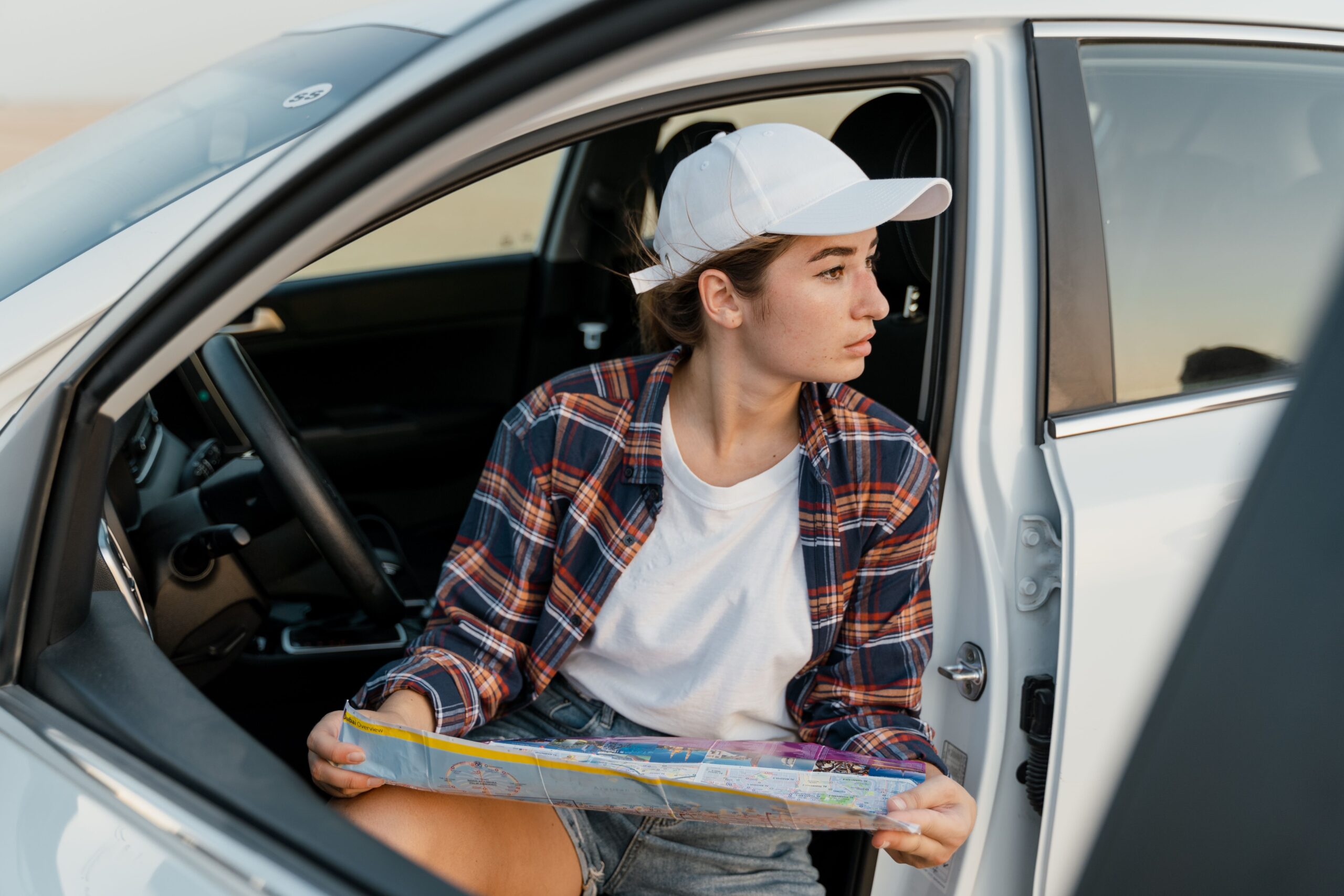 Traveler reviewing a road map from the driver’s seat while planning a road trip route